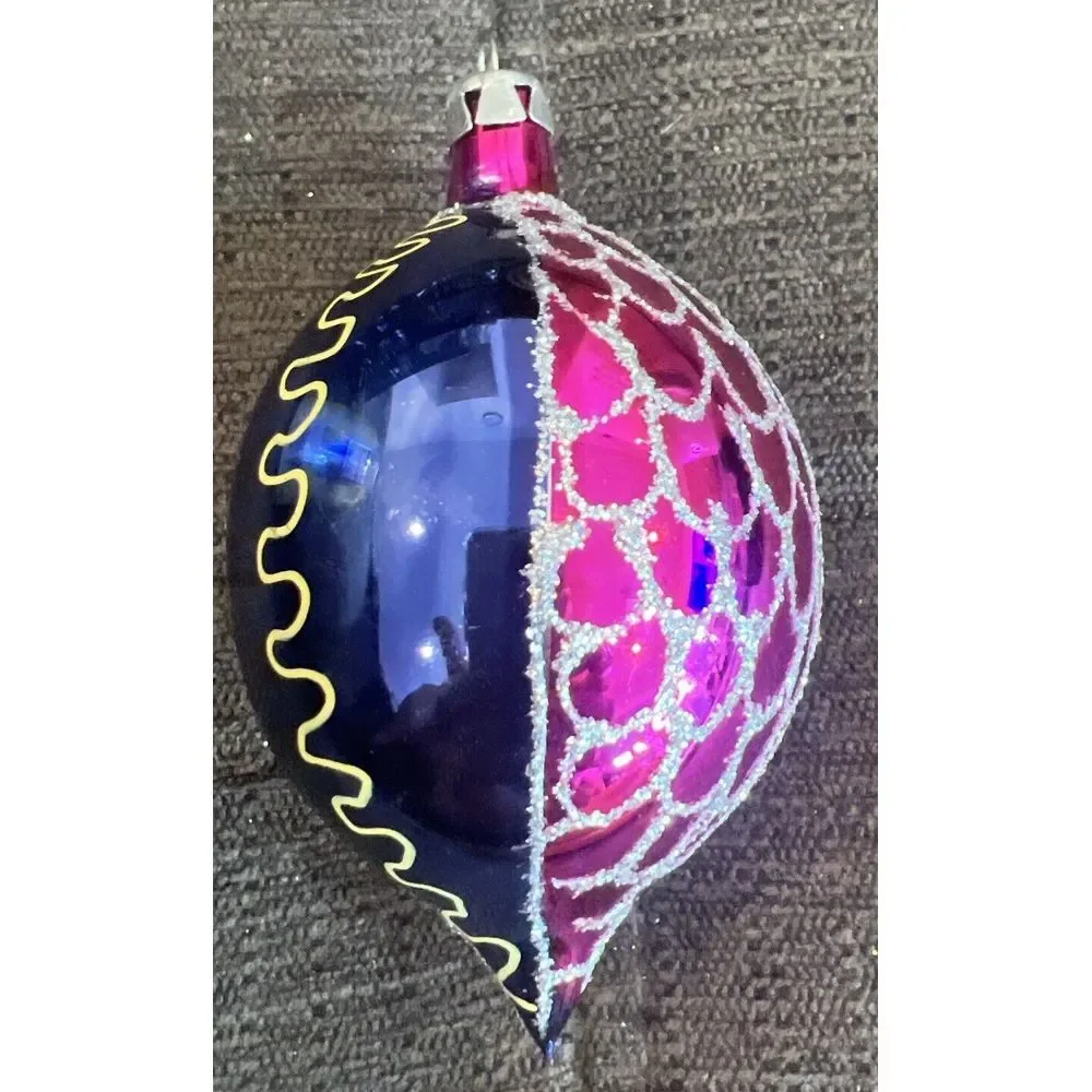 Hand Painted Blown Glass Spire Purple & Blue With Glitter Vintage Christmas Orna